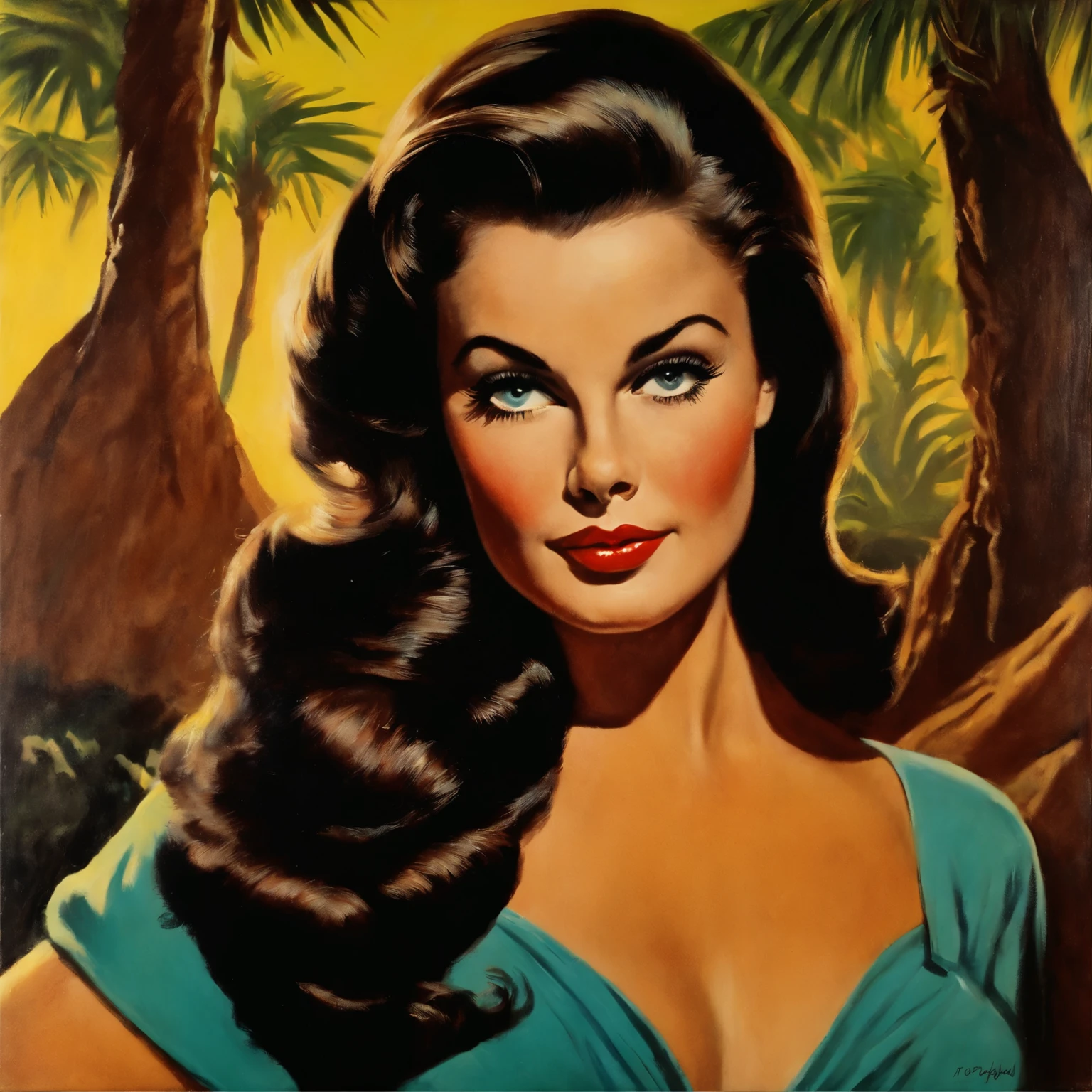 Mulher morena vestida de bruxa, cabelos castanhos longos, robusta, sexy, ruiva, oil portrait, 1960, vintage, VHS, pintura vintage, arte da capa do livro pulp scifi, retro pulp art, 1970 s cartaz do filme, pintura de cartazes de filmes, Arte Pulp Vintage, bela pintura com rosto altamente detalhado por greg rutkowski e magali villanueve, pure and innocent expression, texturas de reflexos naturais, cinematic lighting