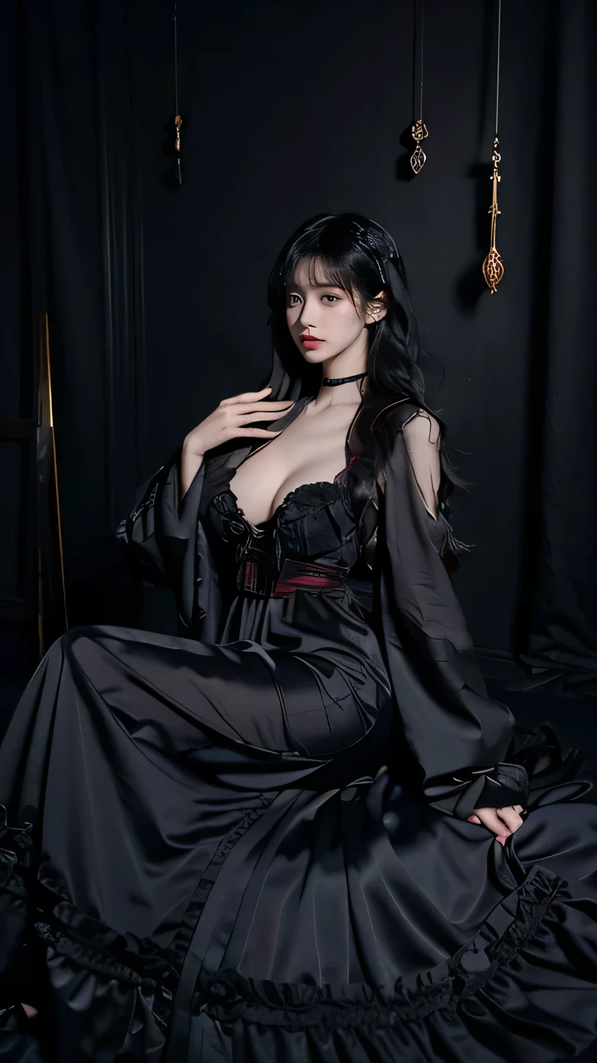 1girl, korean model women, messy hair, plumpy body, perfect body, tall body, (large breast:1.3), (medium butt:1.3), flirting pose, indoor, gothic interior background, gothic style attire, stylish, gothic style, gothic hair style, black hair, eye reflection, (gothic style makeup), gothic style jewellery, sleepy, bored, looking the audience, sfw, Fujicolor, masterpiece, ccurate, anatomically correct, textured skin, super detail, 4K