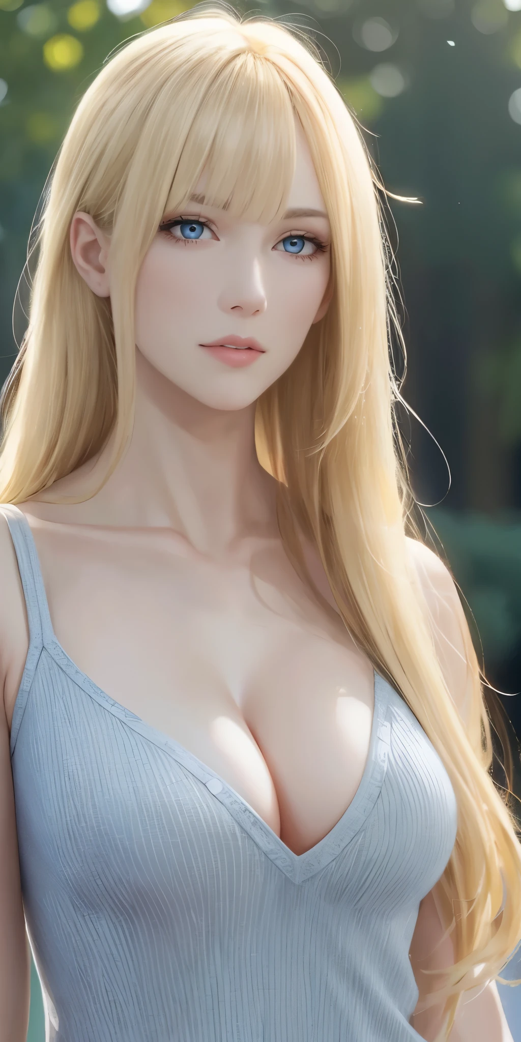 Upper body, elegant, adult woman, long neck, long blonde hair, bangs, casual clothe, cleavage, blue eyes, soft light, high quality, 4k resolution