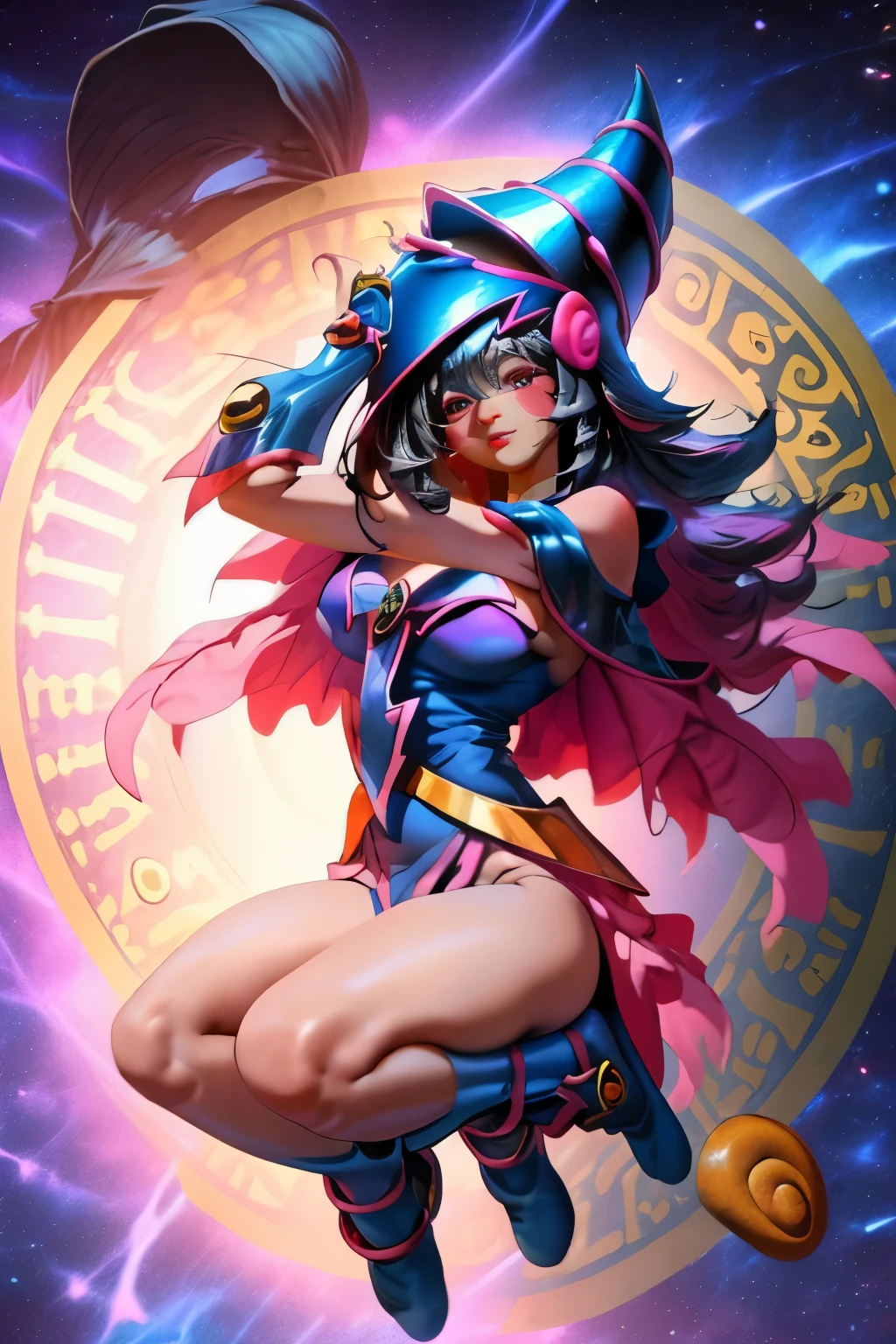Hermosa dark magician gils. Ella levita en sus piernas. Cabello rubio y largo. Ojos azules. Labios rojos. Pose sexy. Cosmic magic background
