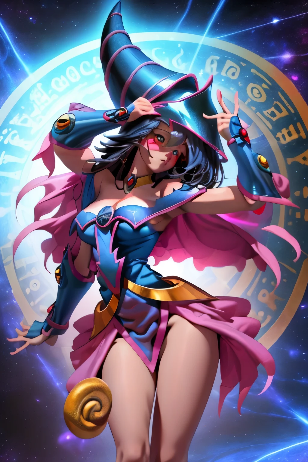 Hermosa dark magician gils. Ella levita en sus piernas. Cabello rubio y largo. Ojos azules. Labios rojos. Pose sexy. Cosmic magic background