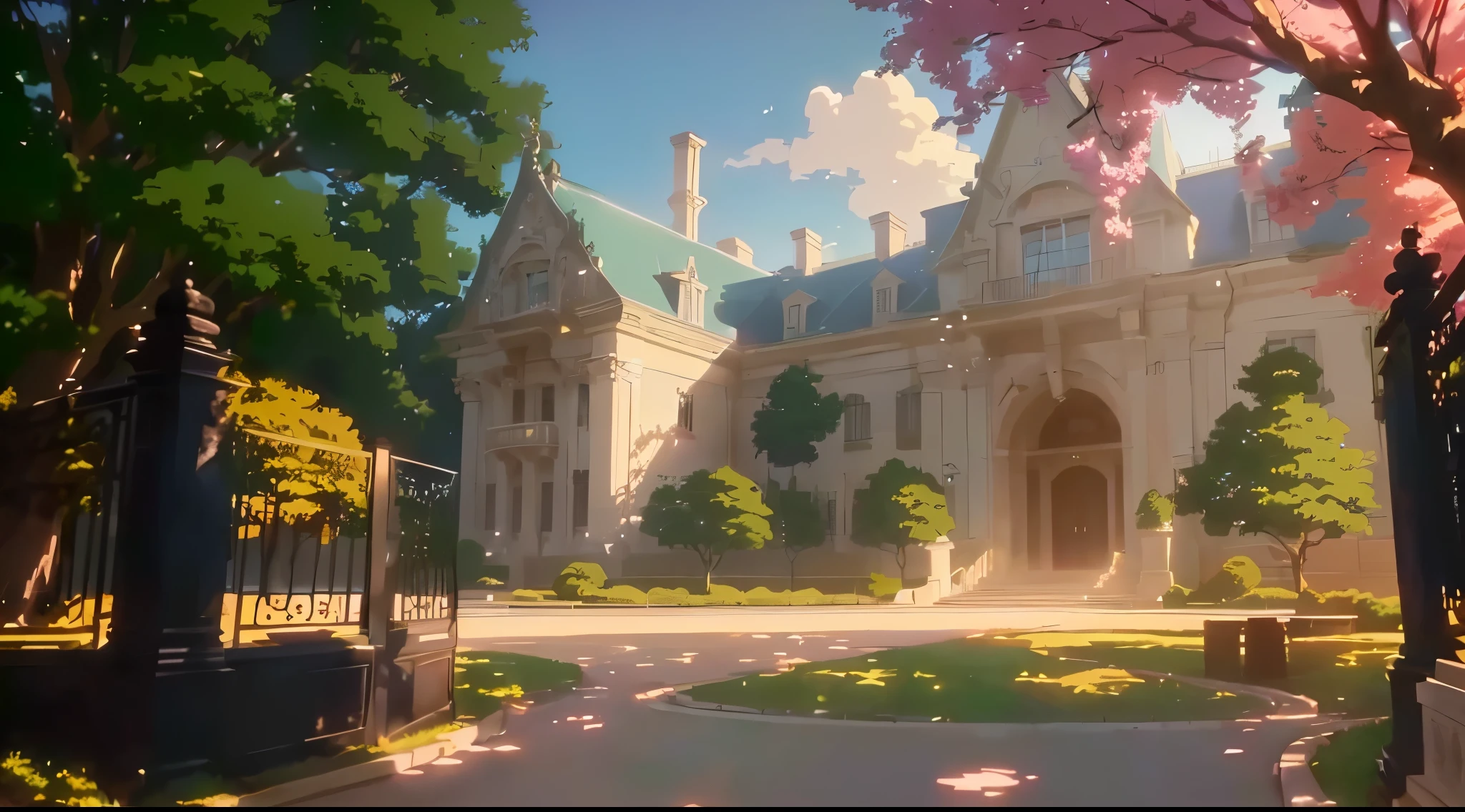 cena de anime of a large mansion with a gate and a tree, anime arte de fundo, cena de animery concept art, cena de animery, high school background, ( ( makoto shinkai ) ), beautiful cena de anime, beautiful cena de animery, madhouse studio anime style, arte de fundo, makoto shinkai. —h 2160, cena de anime, fundo de filme de anime, imagem 8K, desenho bonito, arte detalhada, art 4K