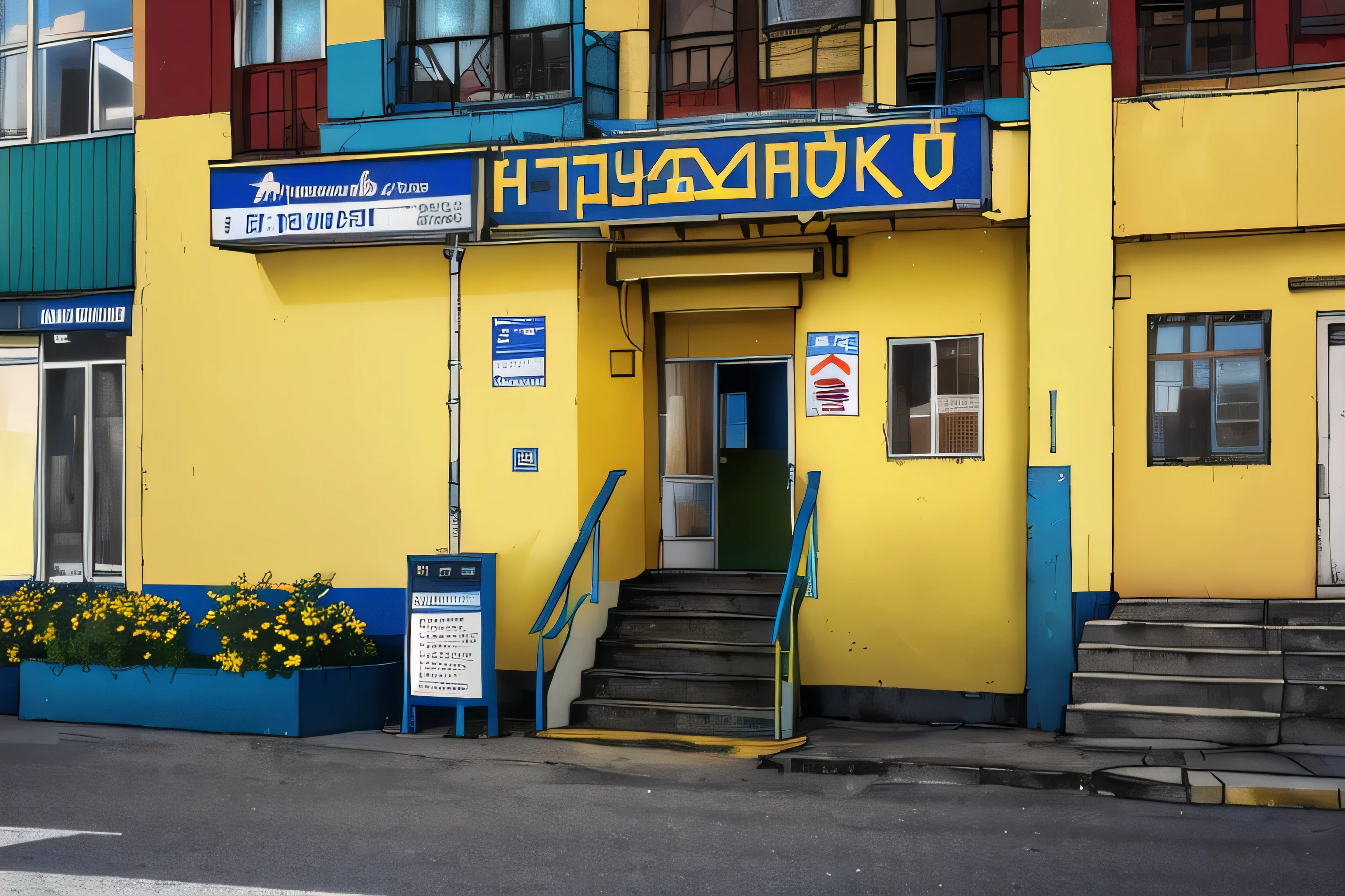 yellow building with a blue sign and stairs leading to a building, photo for a store, 000 - wikipedia, soviet bus stop, фото девушка курит, typical russian atmosphere, nikolay, ukraine. professional photo, very coherent image, by Julius Hatofsky