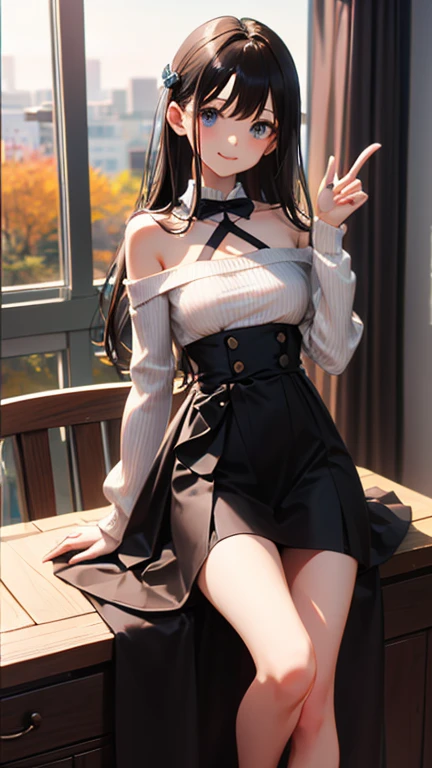 masterpiece, highest quality, One girl, View your viewers, Small waist, RAWphotograph、Accurate fingertips、 Ultra-realistic, High resolution, photograph, Sharp focus, Most detailed, Very detailed, Super detailed, In detail, Very detailed目と顔,Very detailed手と指、Idol、Thighs, beautiful girl,View your viewers, Small waist,Symmetrical face, whole body、Light knitted clothing、Long sleeve、Knee-length flared skirt、Autumn outfit、Large Breasts、Beautiful clavicle、Long Hair、Shyness、Happy expression、High heels