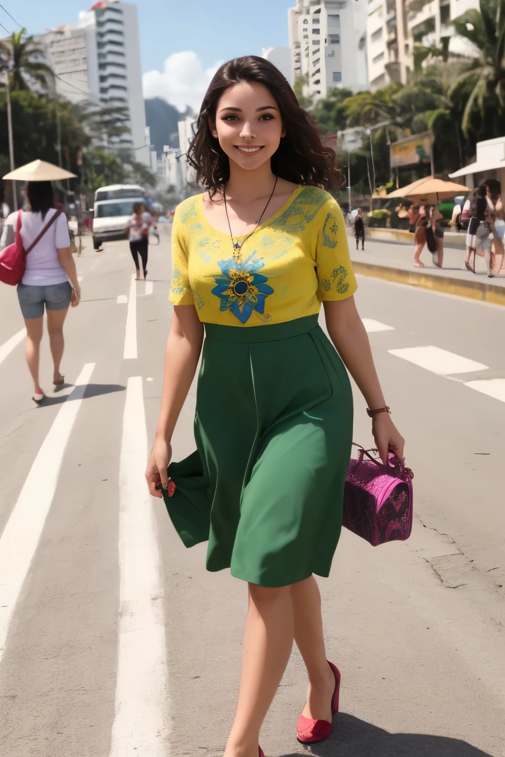 a young woman with Brazilian features, andando pelas ruas do rio de janeiro em um dia de sol
