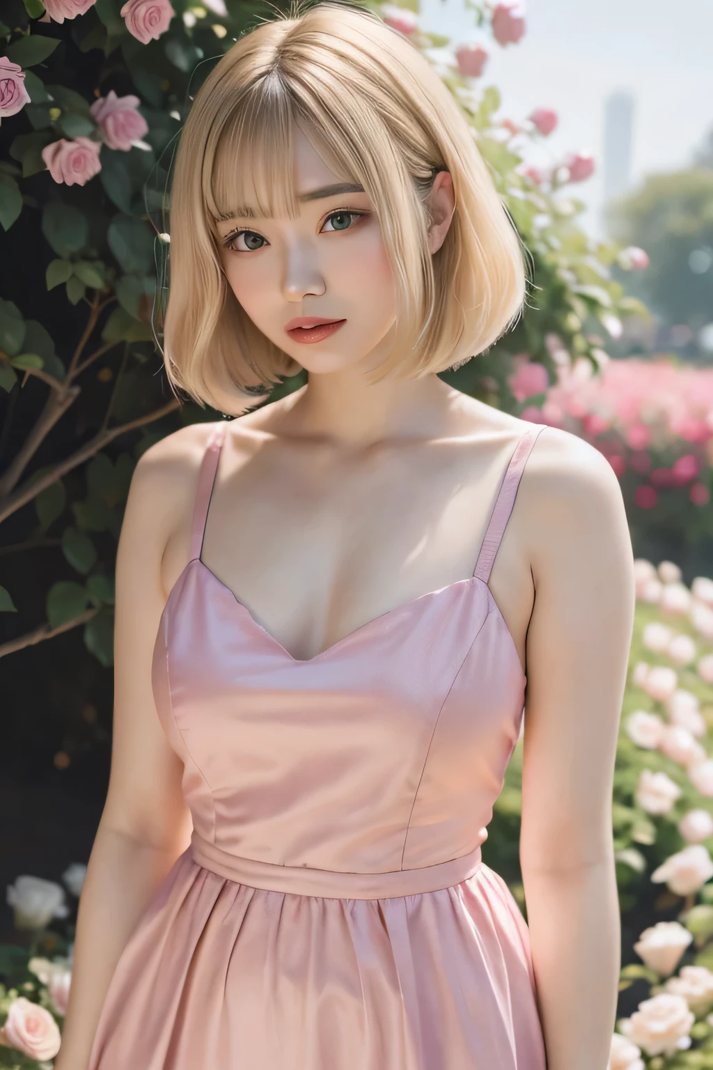 8k, RAW photo, Fujifilm, style photo of a beautiful young woman as avril in a garden of light pink roses (highly detailed skin: 1.2) Style-Petal BREAK short hair, blonde hair with colored locks, wearing a dress, black ,film granulation, 35mm, cute style