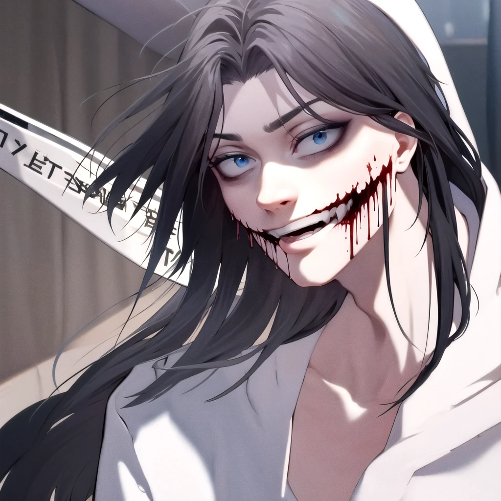 black hair, blue eyes, white hoodie, man, slit smile, bloody mouth, close up, mouth close up
