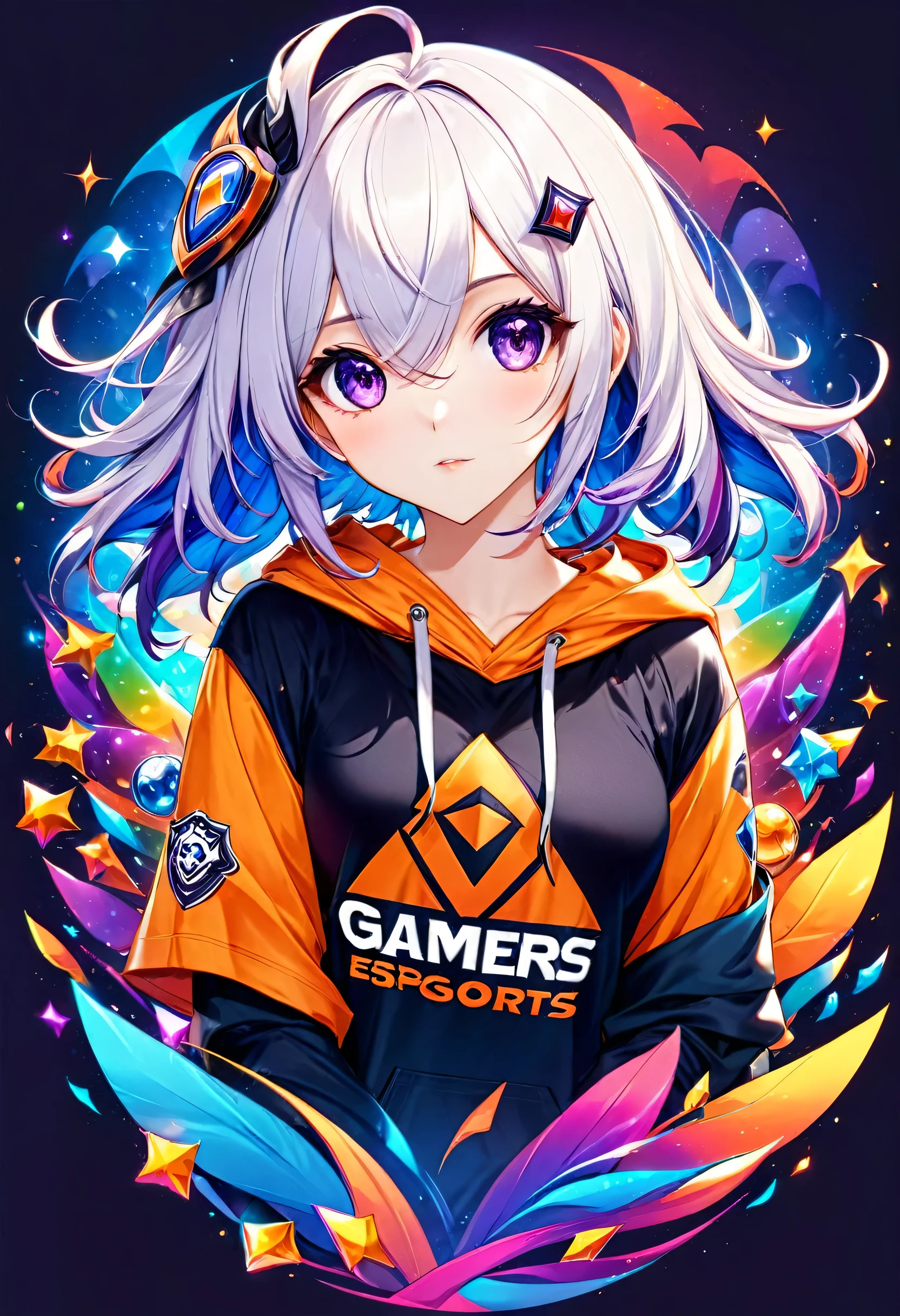 Cabello blanco, cabello largo, ojos azules-violetas, estilo gamer, mujer, chica gamer. Polera estral esports, colores naranjo negro, polera oficial, league of legends,