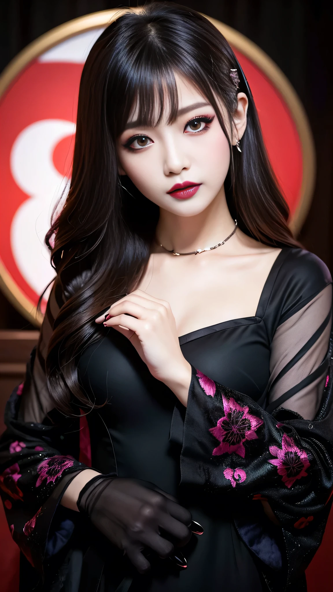 best quality、ultra-detailed、4k、Japanese、Seductive beauty、seductive adult woman、Pretty Woman、cool girl、Villainess、Brainwash、Fallen into evil、smirk、Evil look、Wicked Smile、evil、Brown hair、wavy hair、swept bangs、dark makeup、dark makeup、piercing eyes、hollow eyes,half-closed eyes、Hollow Eyes、Purple Eyeshadow、black lipstick、black lipglos、Long Black Cheongsam、Wide sleeves、night、inside darkroom、Makeup Brushes、Emblem of Evil、Crest of Darkness、Swear allegiance、I have pledged my allegiance、Dye black、Blackening、Stained with evil、Dyed in darkness、Seduce
