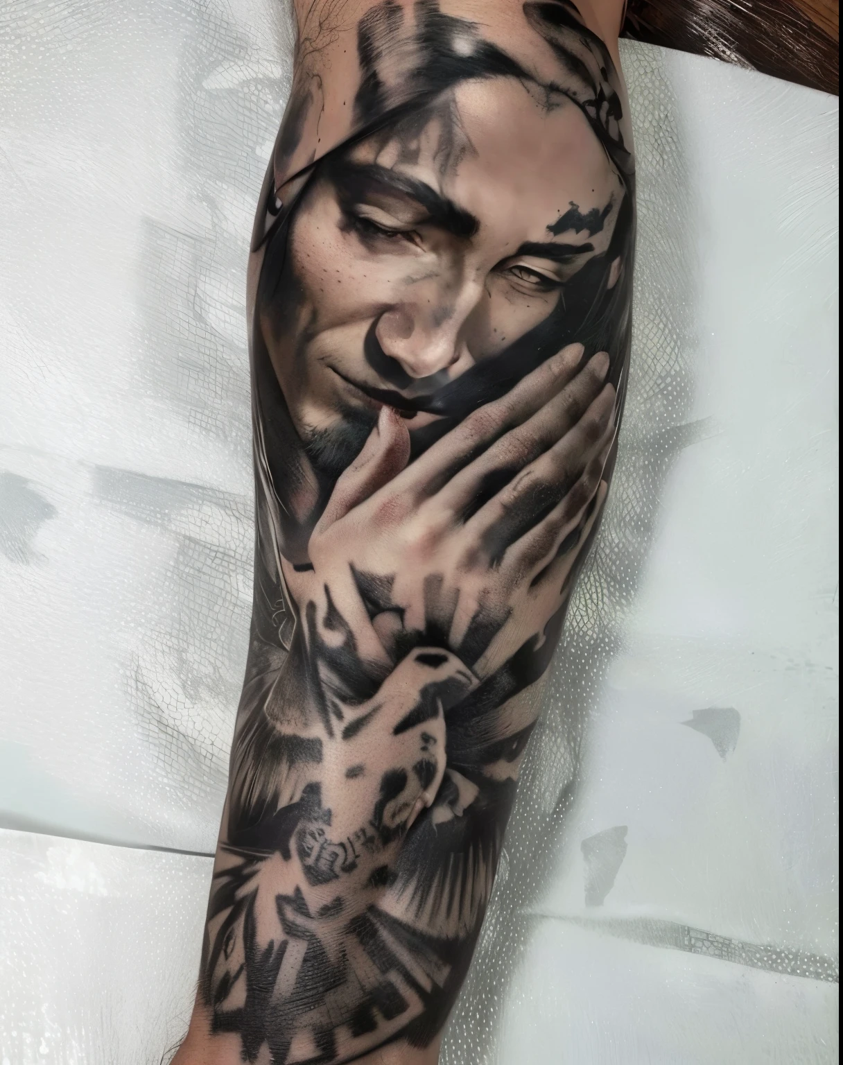 un primer plano de una persona con un tatuaje en el brazo, tony sandoval. realista, Tatuaje de realismo, Estilo de tatuaje ????? y gris, realista tattoo, foretatuaje en el brazo, tatuaje en el brazo, hyper realista tatuaje sombreado, realista detailed masterpiece, tatuaje sombreado, hyper-realista tattoo, hyper realista tattoo, photograph of a sleeve tattoo, tatuaje en blanco y negro, hyperrealista shaded
