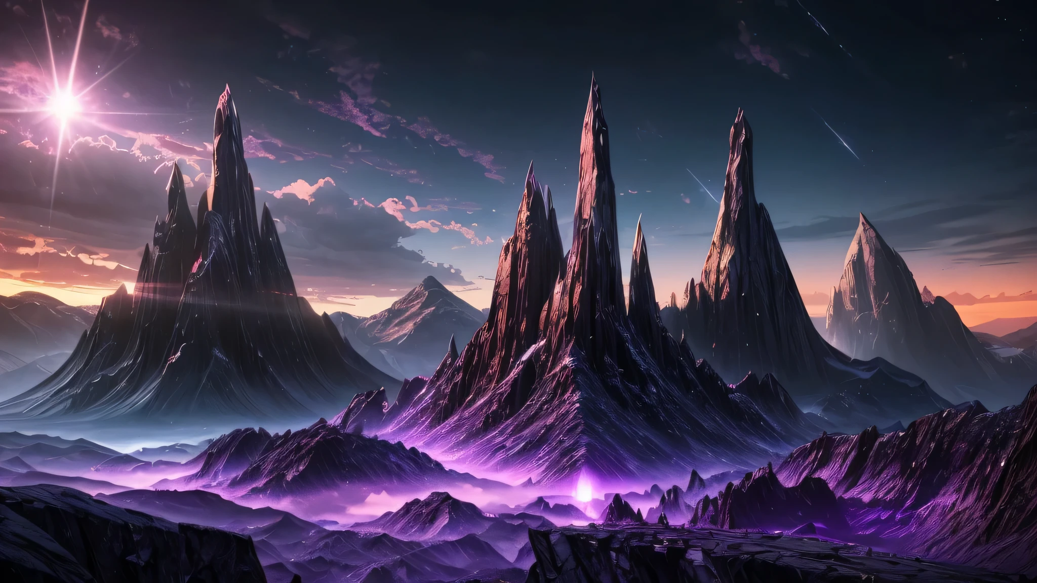 A photorealistic painting of an ominous tall black mountain range in the style of Nazareth Hair of the Dog album cover, large amethyst crystals glowing with inner purple light, in the sky floats a dark metal triangle as if it were a spacecraft, dark occult runes float in the sky, masterpiece, highly detailed, ultra-high quality, vibrant colors, art station, deviant art, volumetric lighting, 
