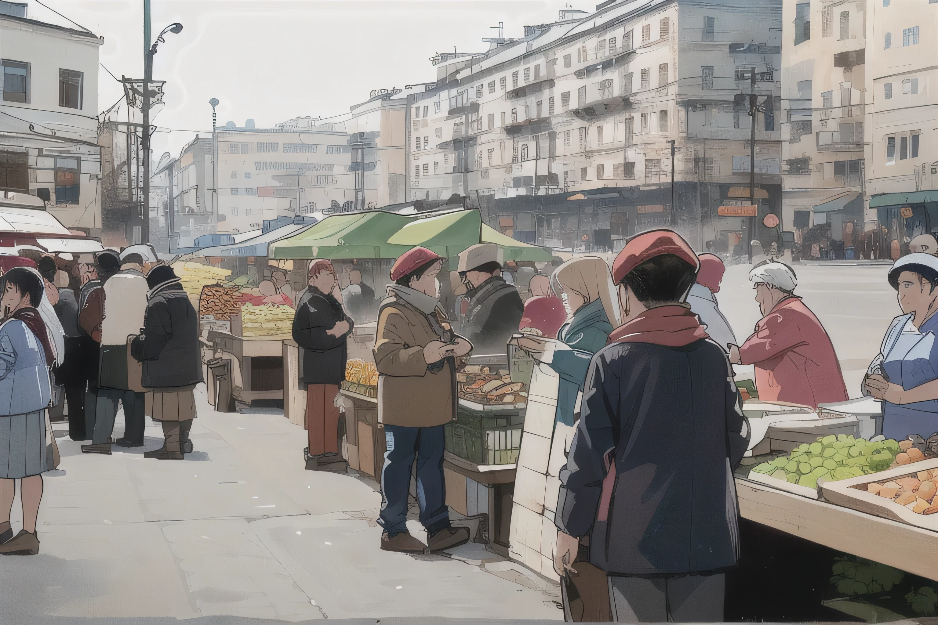 people are standing around a market with many fruits and vegetables, street market, market setting, busy market, street vendors, fresh food market people, typical russian atmosphere, market, sergey krasovskiy, post - soviet courtyard, street of moscow, vladimir nikolov, in moscow centre, soviet nostalgia, aleksander rostov, the vibrant echoes of the market