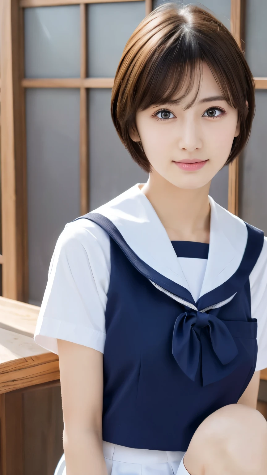 (masterpiece:1.3), (8k, Photorealistic, RAW Photos, Best image quality: 1.4), Japanese, (1 girl), Beautiful Face, (A vivid face), Beautiful hairstyle, Realistic eyes, Beautiful Eyes, (Realistic Skin),(short hair:1.3) ,Beautiful Skin, charm, 超A high resolution, Surreal, (Big Breasts)、Attention to detail,  Detail Makeup,Seeing the viewer,、School classroom、Shaved pubic hair、((Full body portrait)),(Japanese short sleeve school sailor uniform)