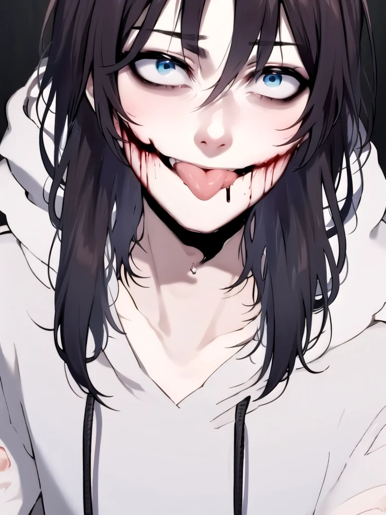 black hair, blue eyes, white hoodie, man, slit smile, bloody mouth, close up, mouth close up, stivking out tounge
