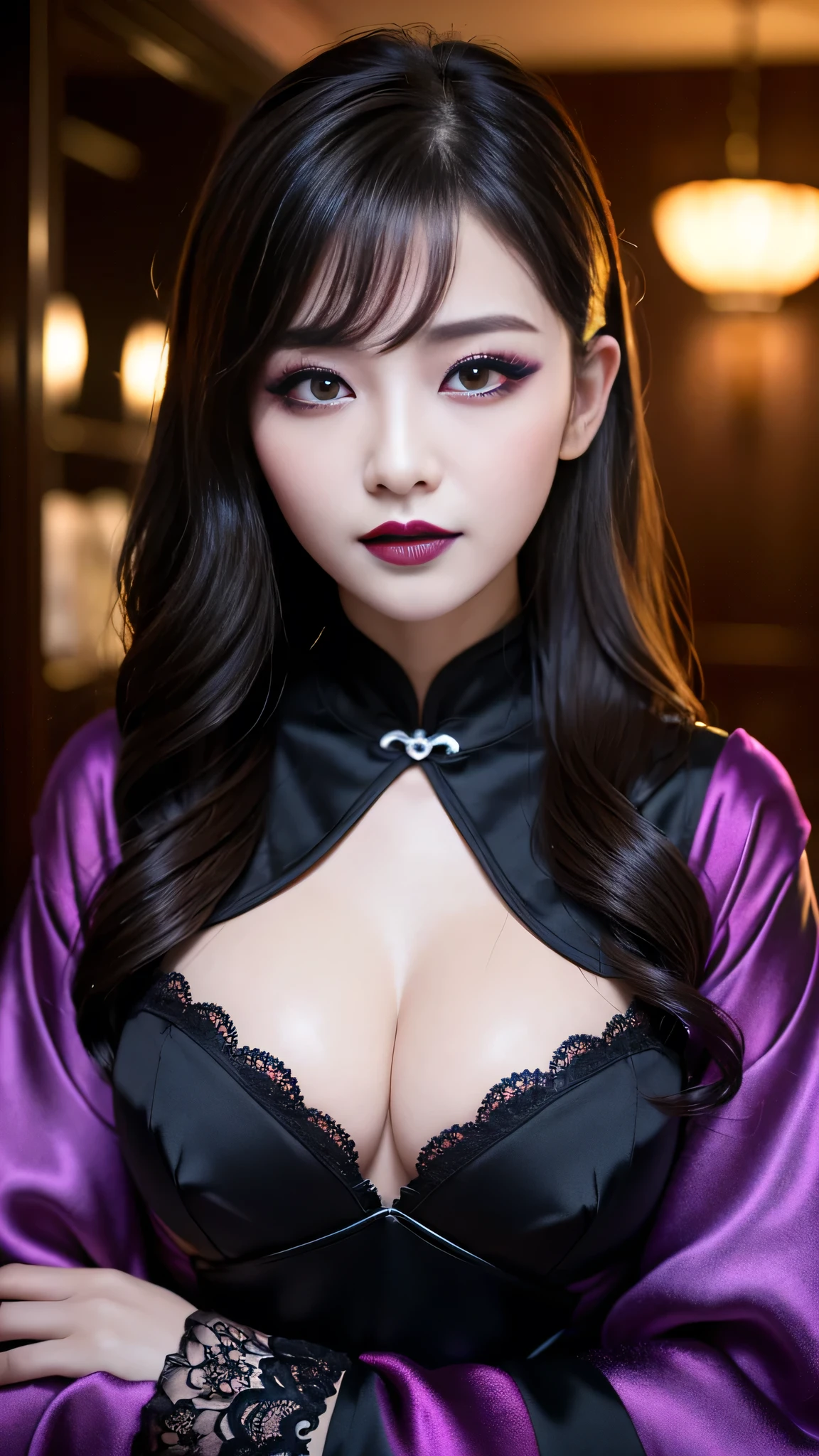 best quality、ultra-detailed、4k、Japanese、Seductive beauty、seductive adult woman、Pretty Woman、cool girl、Villainess、Brainwash、Fallen into evil、smirk、Evil look、Wicked Smile、evil、Brown hair、wavy hair、swept bangs、dark makeup、dark makeup、piercing eyes、hollow eyes,half-closed eyes、Hollow Eyes、Purple Eyeshadow、black lipstick、black lipglos、Long Black Cheongsam、Wide sleeves、night、inside darkroom、Makeup Brushes、Emblem of Evil、Crest of Darkness、Swear allegiance、I have pledged my allegiance、Dye black、Blackening、Stained with evil、Dyed in darkness、Seduce