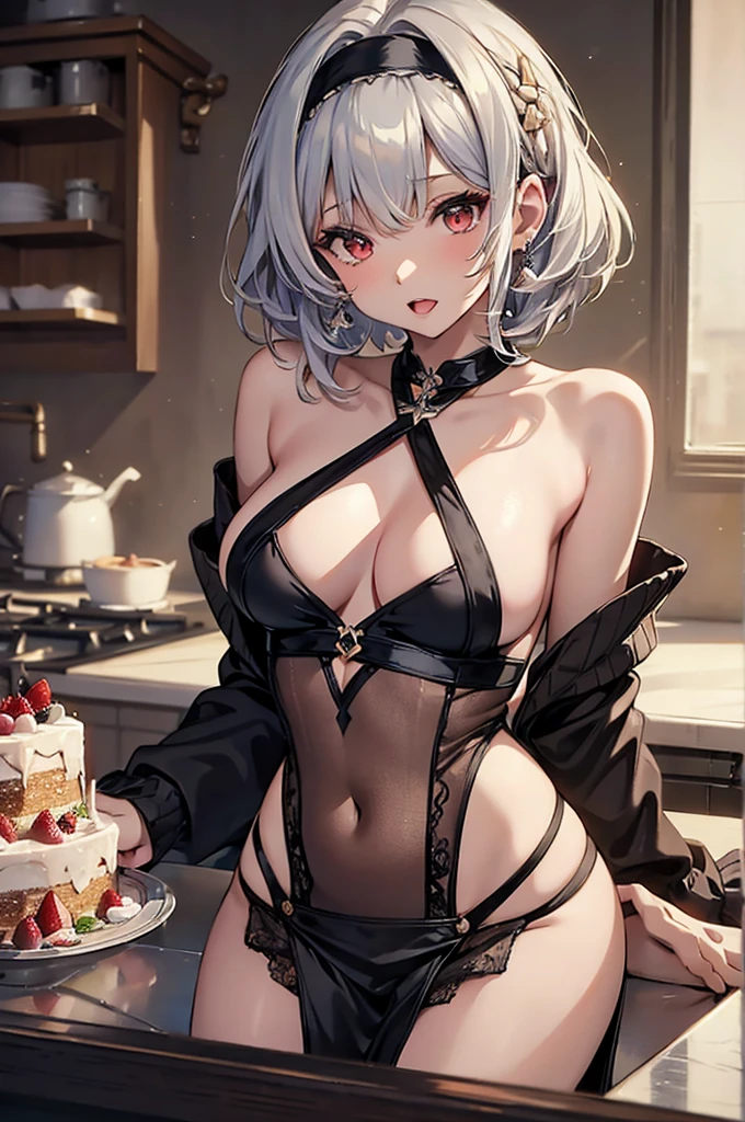 masterpiece, yor, 1girl, Amazing :1.3, thin waist, big ass, Rai sexy, mediureast: 1.3 poeavage:1.2、solo, lt viewer, o mouth, have a cup of coffee,black hair, red eyes, dress, bare shoulders, jewelry, collarbone, sidelocks, hairband, earrings, indoors, off shoulder, :o, sweater, arms behind back, plant, short hair with long locks, white hairband, off-shoulder dress, sweater dress, off-shoulder sweater, red sweater, big side hair, very long side hair,is rendered in (masterpiece: 1.2, best quality), with (ultra high resolution) and an exquisite (depth of field). This masterpiece is not only visually stunning but also tells, make of cooking some cakes ,in the kitchen