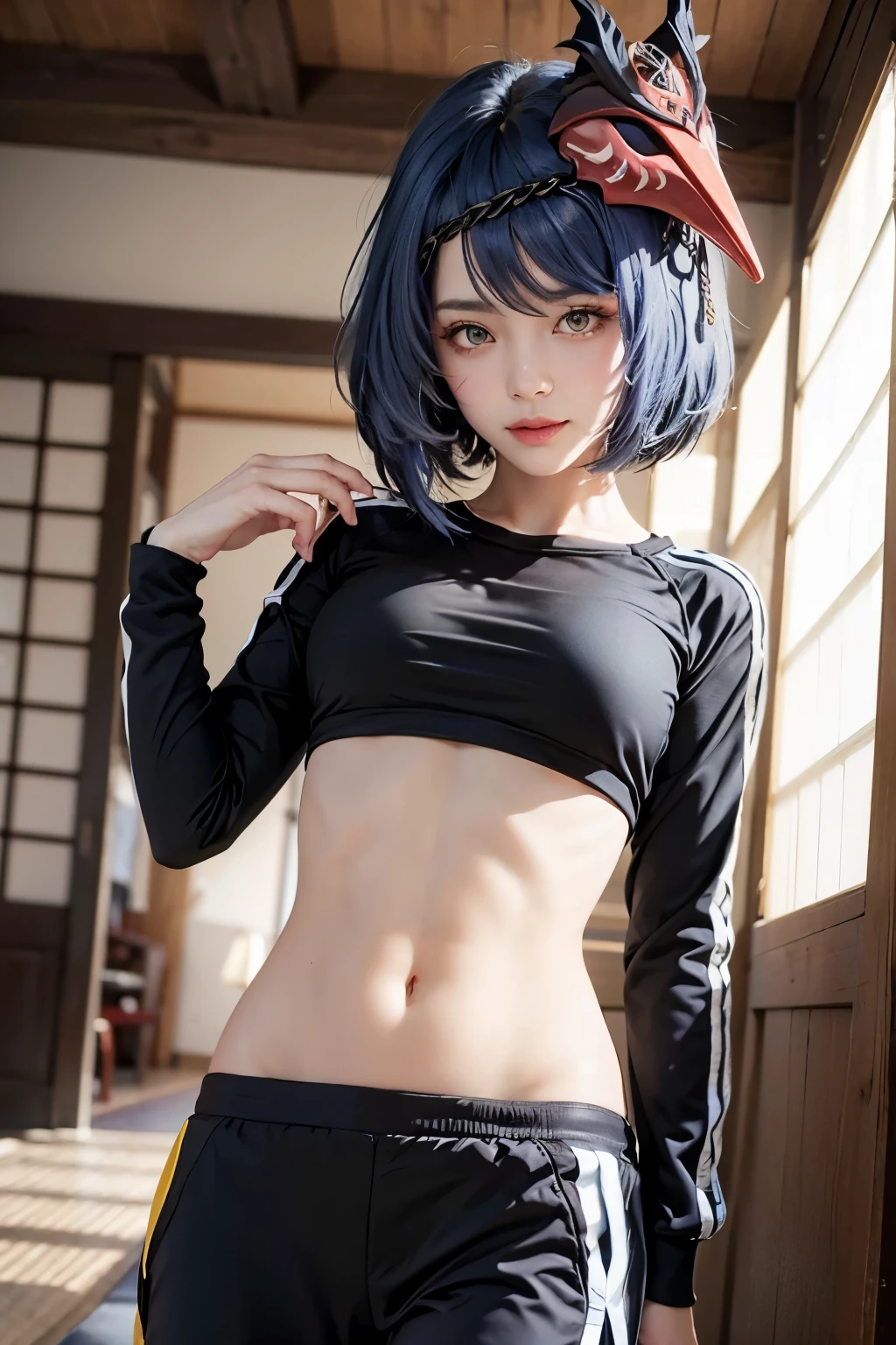 1girl, (long sleeved top, tracksuit pants), ((midriff, navel)), looking at viewer, fashion pose, walking, hand on own midriff, old japanese town, smile, (cinematic lighting, best quality, masterpiece, high details, highres, HD, 4K, 8k, super detail), (kujou sara:1.3, mask on head, blue hair, short hair, yellow eyes)
