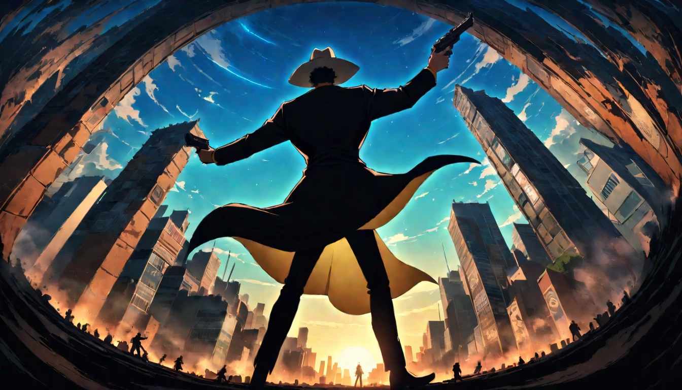 Obra maestra, mejor calidad, muy estetico, absurdos,
vaquero bebop, action, Spike Spiegel saltando por el aire y disparando su pistola, happiness, Azotea iluminada por la luna, Cityscape below, Dynamic, cinematographic, retroiluminado, Dramatic silhouette