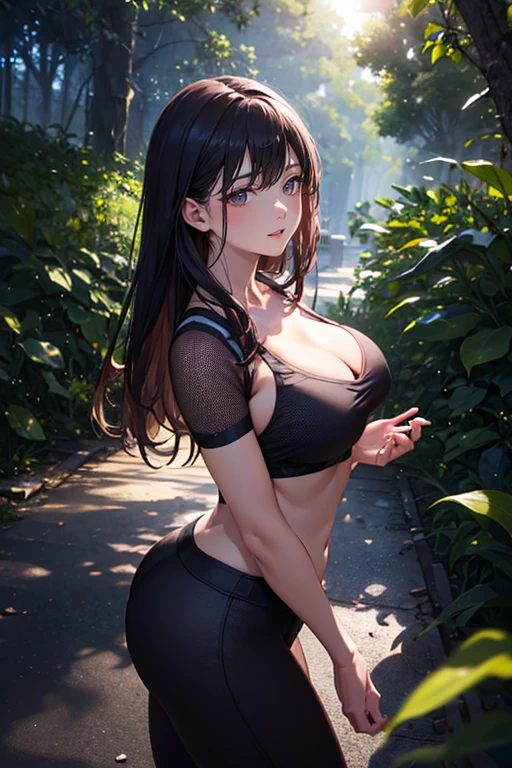 (Mysterious, wonderful), ((masterpiece)), ((highest quality)), (Ultra-high resolution,8k),(Ultra-fine mesh,4K), (8K wallpapers incorporating highly detailed CG), (Perfect Anatomy,Anatomically correct), (Soft lighting, rendering), (Angle from above), (Girl doing yoga), close ~ eye, (surrounded by nature), Moonlit Background, beautiful and detailed eye, Long flowing hair, Yoga Wear, Elegant pose, Soft and gentle lighting, (Very detailed and beautiful face), Professional photography techniques, Bright colors, Natural light, (Large Breasts:1.3)