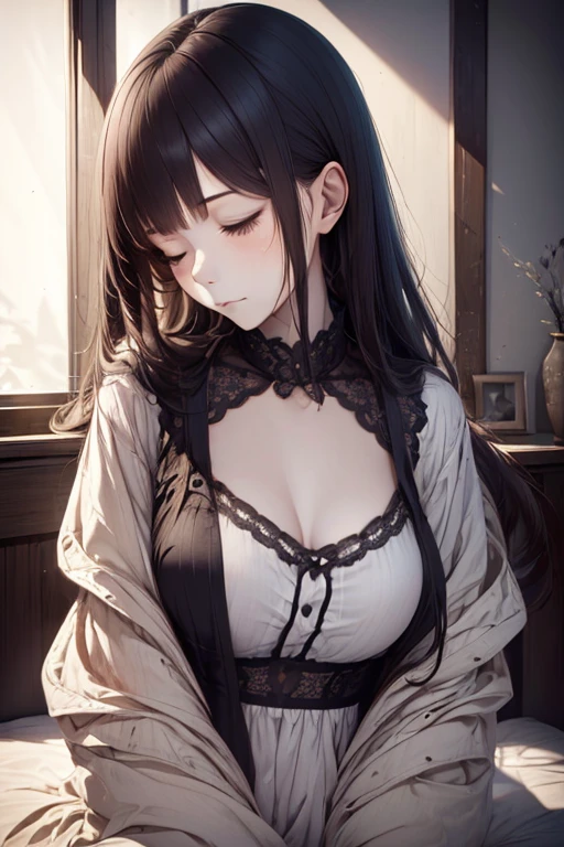 1girl, long hair with bangs, beautiful detail eyes, (from side:0.8), (onbed, taking a nap, full shot), (stylized:1.3), (Highly detailed), (high resolution), (Best quality), (masterpiece)
