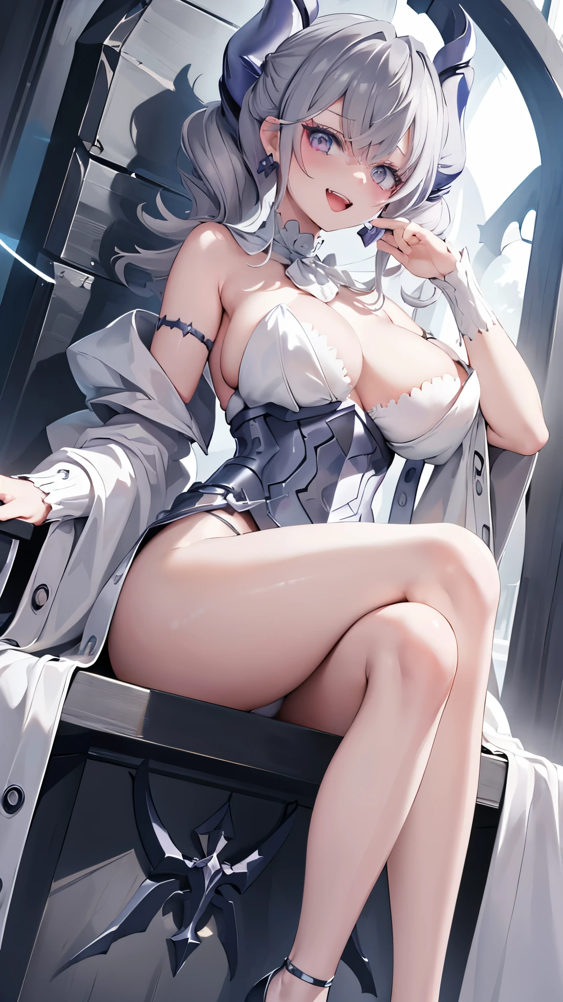 ((masterpiece)),(best quality), ((extremely detailed CG unity 4k wallpaper)),(cinematic lighting), (an extremely sinister and beautiful evil girl:1.3),face, fixed eye, (++gray hair++), pink eyes, long hair, jewelry,earrings, :d, labrynth,
Large breast ,(sun light  ), sitting on throne , horn ,outdoor ,hand over lab,  sitting down , crossed leg in detailed, , all body ,  from below, expensive high heel, high heel fixed , white heel, 