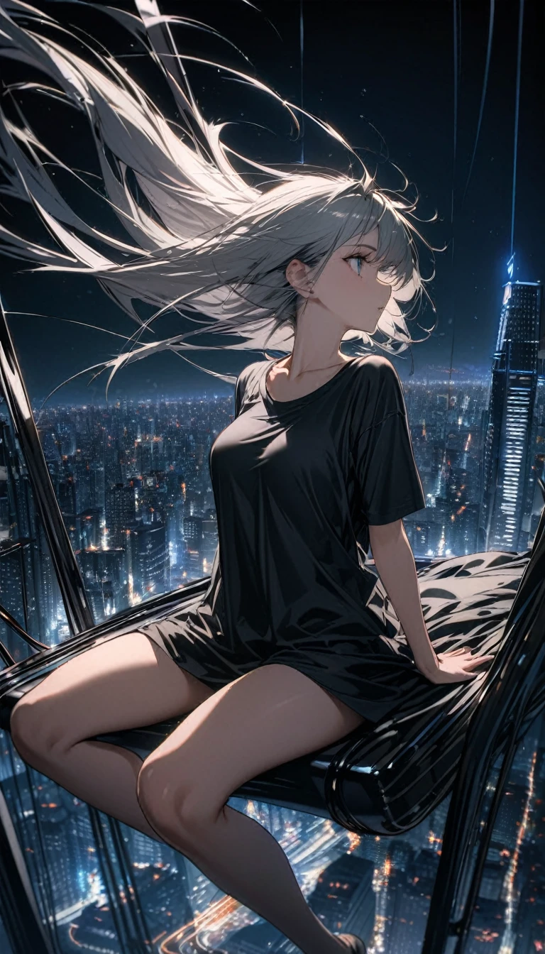 best quality, super fine, 16k, incredibly absurdres, extremely detailed, beautiful woman sitting on trapeze suspended between two skyscrapers, gazing into the distance, wearing loose long T-shirt, captivating look, wind, wind-effect, moonlit night view, (magnificent view:1.1) , heavymetal