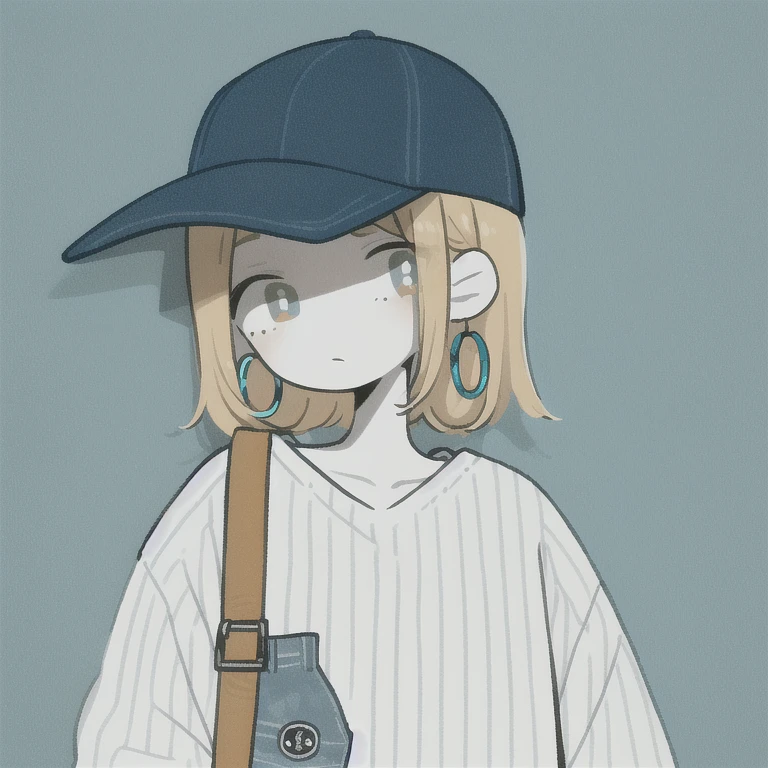 masterpiece, highest quality, One girl, Aqua Eye, Baseball cap, Blonde, Earrings, Blue background, Have, hoop Earrings, jewelry, View your viewers, shirt, short hair, Simple Background, alone, Upper Body,sweater