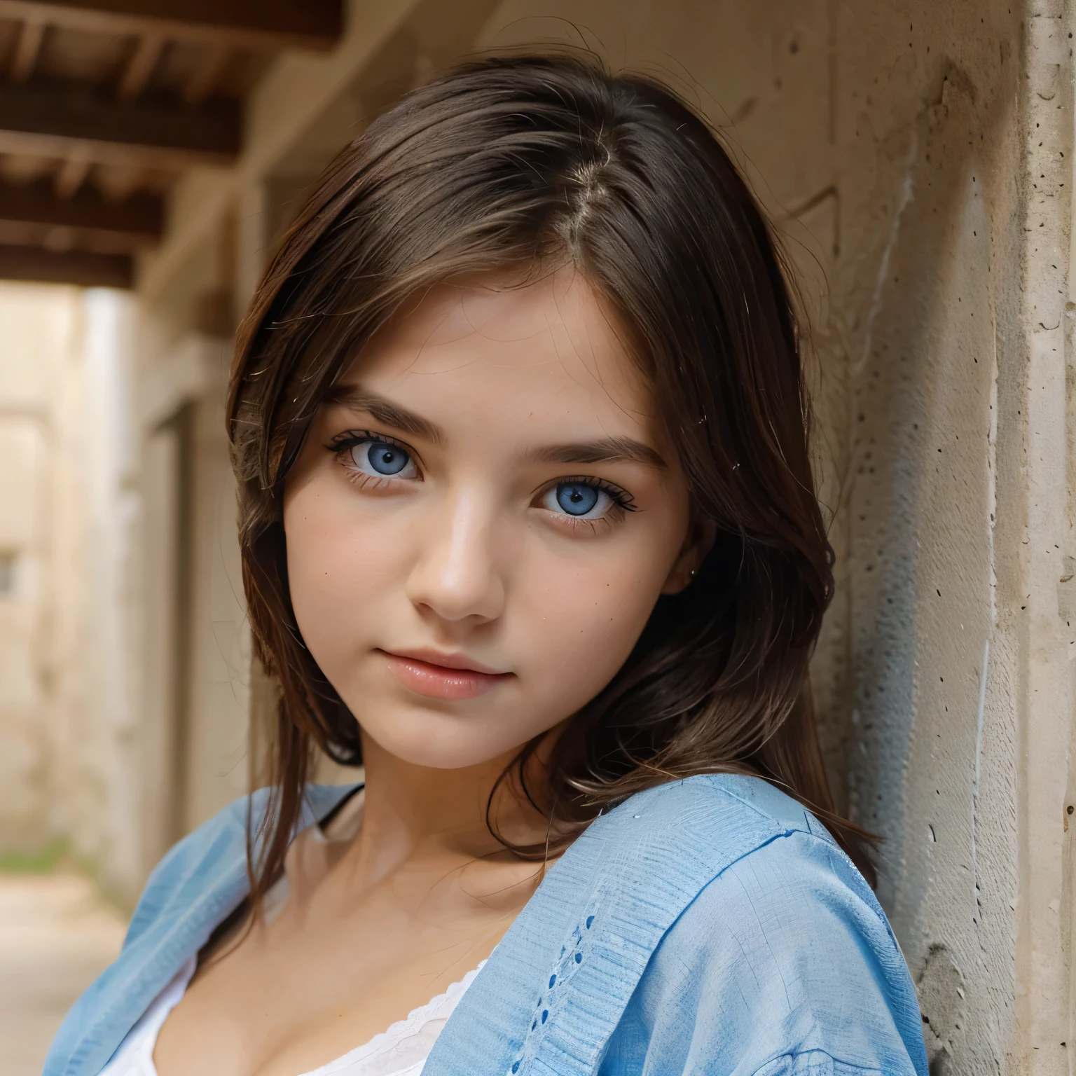 A beautiful girl with very blue and white eyes