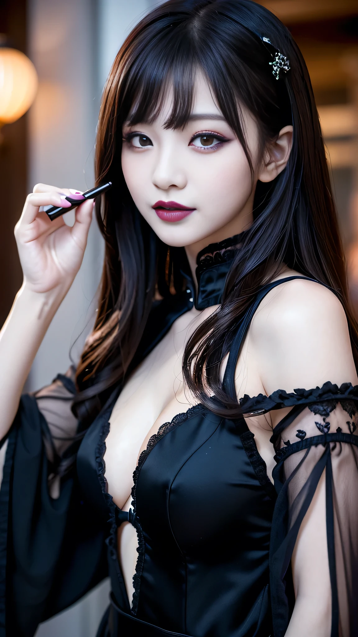 best quality、ultra-detailed、4k、Japanese、Seductive beauty、seductive adult woman、Pretty Woman、cool girl、Villainess、Brainwash、Fallen into evil、smirk、Evil look、Wicked Smile、evil、Brown hair、wavy hair、swept bangs、dark makeup、dark makeup、piercing eyes、hollow eyes,half-closed eyes、Hollow Eyes、Purple Eyeshadow、black lipstick、black lipglos、Long Black Cheongsam、Wide sleeves、night、inside darkroom、Makeup Brushes、Emblem of Evil、Crest of Darkness、Swear allegiance、I have pledged my allegiance、Dye black、Blackening、Stained with evil、Dyed in darkness、Seduce