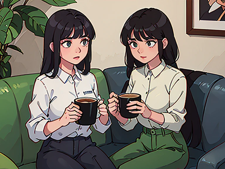 A black-haired, green-eyed police man sitting on a comfortable sofa, com uma parede de fundo de tijolos, e junto dele uma jovem garota de cabelos pretos e olhos claros  com roupas folgadas, the two of them with a mug of hot coffee 