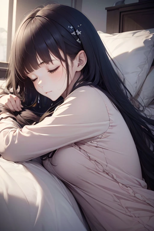 1girl, Pijama, long hair with bangs, beautiful detail eyes, (from side:0.8), (lying down taking a nap, full shot), (stylized:1.3), (Highly detailed), (high resolution), (Best quality), (masterpiece)
