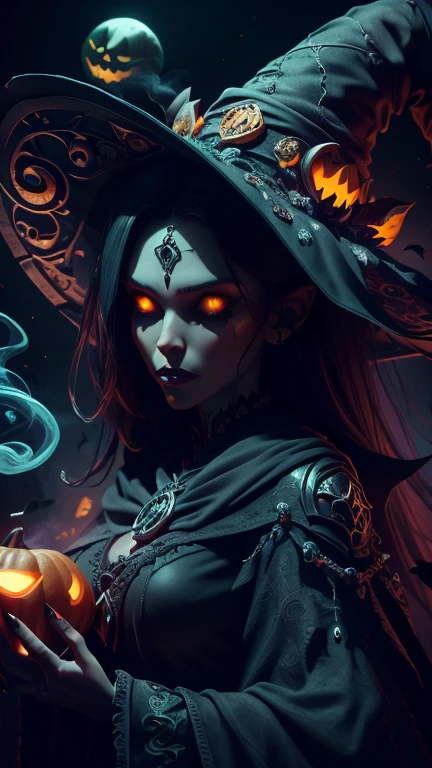 halloween, a woman in a black outfit holding a green orb of smokesitting on a scary pumpkin, necromancer sorceress, beautiful necromancer, diablo 4 lilith, female necromancer, witch hat, dark fantasy style art, portrait of a female necromancer, diablo 4 queen, dark fantasy character design, diablo digital concept art, dark witch character, detailed digital 2d fantasy art,, night, moonlight, particles, green smoke, chromatic aberration, left hand on hips, bone scythe, graveyard in bacground, 8K image quality, Masterpiece