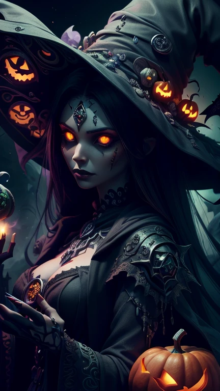 halloween, a woman in a black outfit holding a green orb of smokesitting on a scary pumpkin, necromancer sorceress, beautiful necromancer, diablo 4 lilith, female necromancer, witch hat, dark fantasy style art, portrait of a female necromancer, diablo 4 queen, dark fantasy character design, diablo digital concept art, dark witch character, detailed digital 2d fantasy art,, night, moonlight, particles, green smoke, chromatic aberration, left hand on hips, bone scythe, graveyard in bacground, 8K image quality, Masterpiece