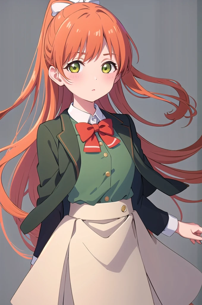 ((best quality, high quality, masterpiece, highres)), yifa, solo, 1girl, blush, , jacket, orange hair, green eyes, red bowtie, white skirt, cowboy shot, looking at viewer,  