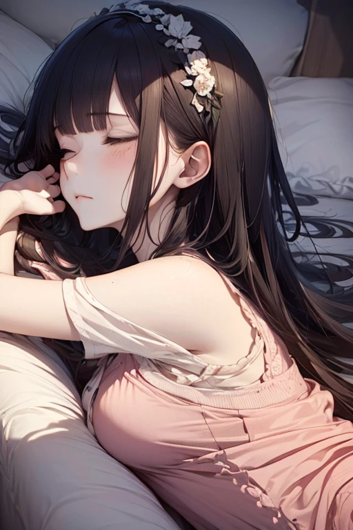 1girl, Pijama, long hair with bangs, beautiful detail eyes, (from side:0.8), (lying down taking a nap, full shot), (stylized:1.3), (Highly detailed), (high resolution), (Best quality), (masterpiece)
