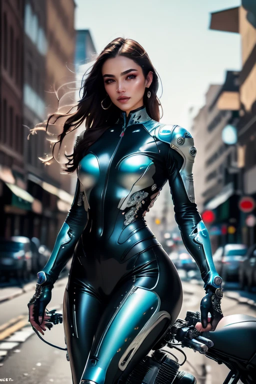 the street, the motorcycle, cyborg Woman on Motorcycle, best quality, high quality, absurdres, masterpiece, beautiful, intricate details, 1/2 body crop, slim body, beautiful figure, magnificent anatomy, (intricate details:1.12), HDR, (intricate details, hyper-detailing:1.15), (natural skin textures, hyper realisitc, soft light, Sharp:1.2)