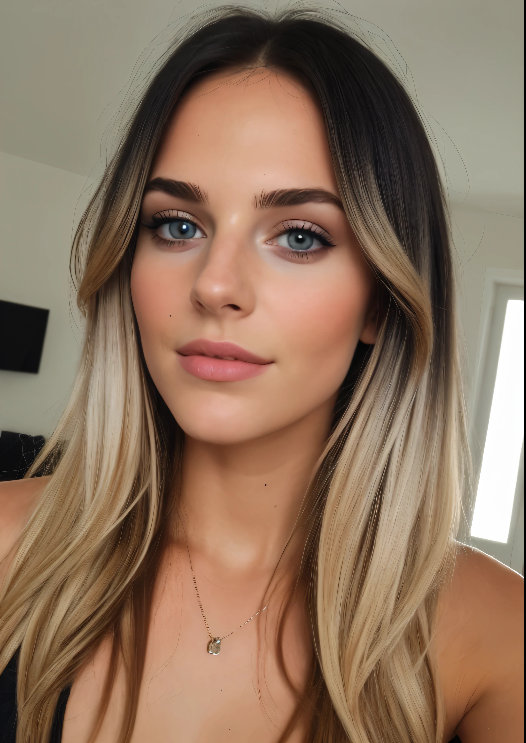 taken with iphone camera BREAK medium shot selfie of a pretty young woman BREAK (ombre:1.3) blonde black BREAK film black, medium quality