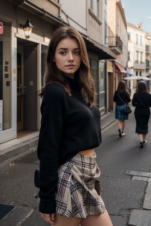 An attractive woman in her twenties., Fair-skinned, natural, pas de maquillage, in a plaid skirt and a close-Fitting black sweater, dans la rue, imperFections naturalles, ojos color avellana, Lush light brown hair, Faible proFondeur de champ pour souligner le sujet, Taken using a Canon EOS R camera with a 50mm F/1.8 lentilles, F/2.2 aberturas, Shutter speed 1/200, ISO 100 y luz natural, todo el cuerpo, hyperrealistic photography, Cinetic, Cine, hiperdetalle, ultrahd, Color correction, ultrahd, hdr, escala de colores, 8k – con 4:5 –g 2 –v 4"