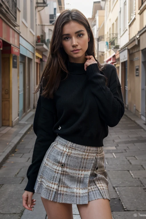 An attractive woman in her twenties., Fair-skinned, natural, pas de maquillage, in a plaid skirt and a close-Fitting black sweater, dans la rue, imperFections naturalles, ojos color avellana, Lush light brown hair, Faible proFondeur de champ pour souligner le sujet, Taken using a Canon EOS R camera with a 50mm F/1.8 lentilles, F/2.2 aberturas, Shutter speed 1/200, ISO 100 y luz natural, todo el cuerpo, hyperrealistic photography, Cinetic, Cine, hiperdetalle, ultrahd, Color correction, ultrahd, hdr, escala de colores, 8k – con 4:5 –g 2 –v 4"