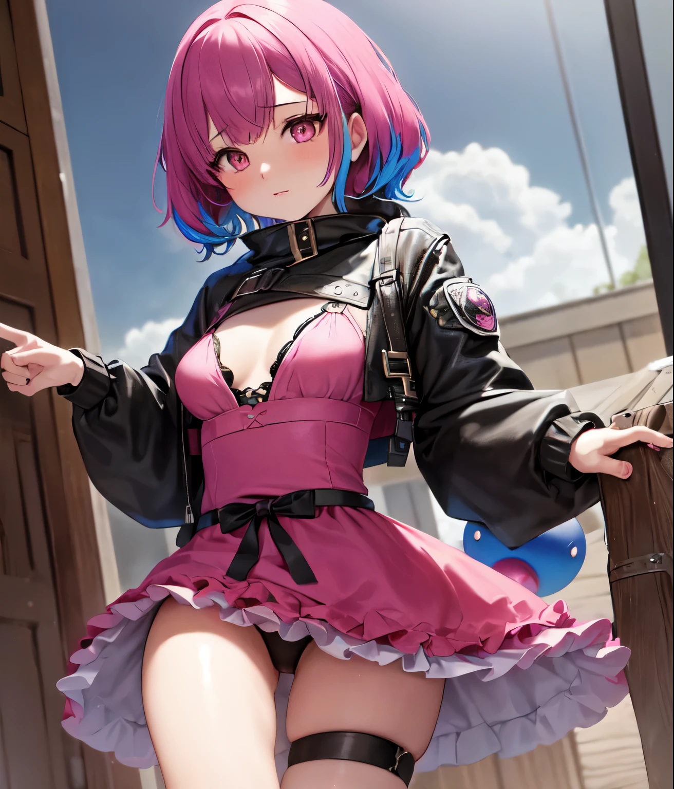 (esponjoso antro peludo:1.3), mapache peludo, (michiru:1.1), small breasts, 1 chica, solo, pelo azul, pelos de dos tonos, (ojos multicolores:1.3), orejas de zorro, Short brown hair woman with pink, ama los explosivos y sus bombas sueltan color rosado y tiene un traje negro con detalles rosados, She is super agile and likes to throw bombs that release pink paint and use firearms that release bullets and pink explosions. The smoke is pink and she has an evil character.