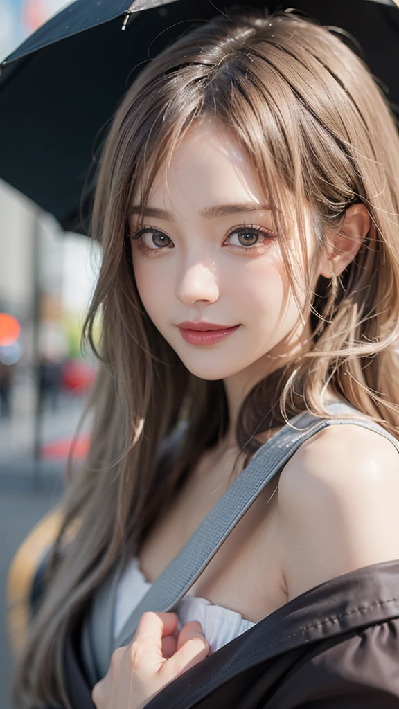 One Girl, Long Hair, Heterochromia, Gradient Hair: 1.5, concentrated, (abstract theme, Abstract background, Cube, ) smile, Mature Woman, Impactful. Tabletop, Beautiful girl, Fine grain, Swollen eyes, highest quality, 超High resolution, (Realistic: 1.4), Cinema Lighting, Japanese, Asian Beauty, Korean, so beautiful, Beautiful Skin, thin, 体がLook forwardいる, (超Realisticな), (High resolution), (8k), (Very detailed ), ( Best illustrations), (Beautiful and detailed eyes), (Very detailed), (wallpaper), Detailed face, The lighting is bright, Professional Lighting, View your viewers, Look forward, smile, short hair, Slightly blurred background, street tree, rain, Hair color: Bright silver,Recent gal fashion