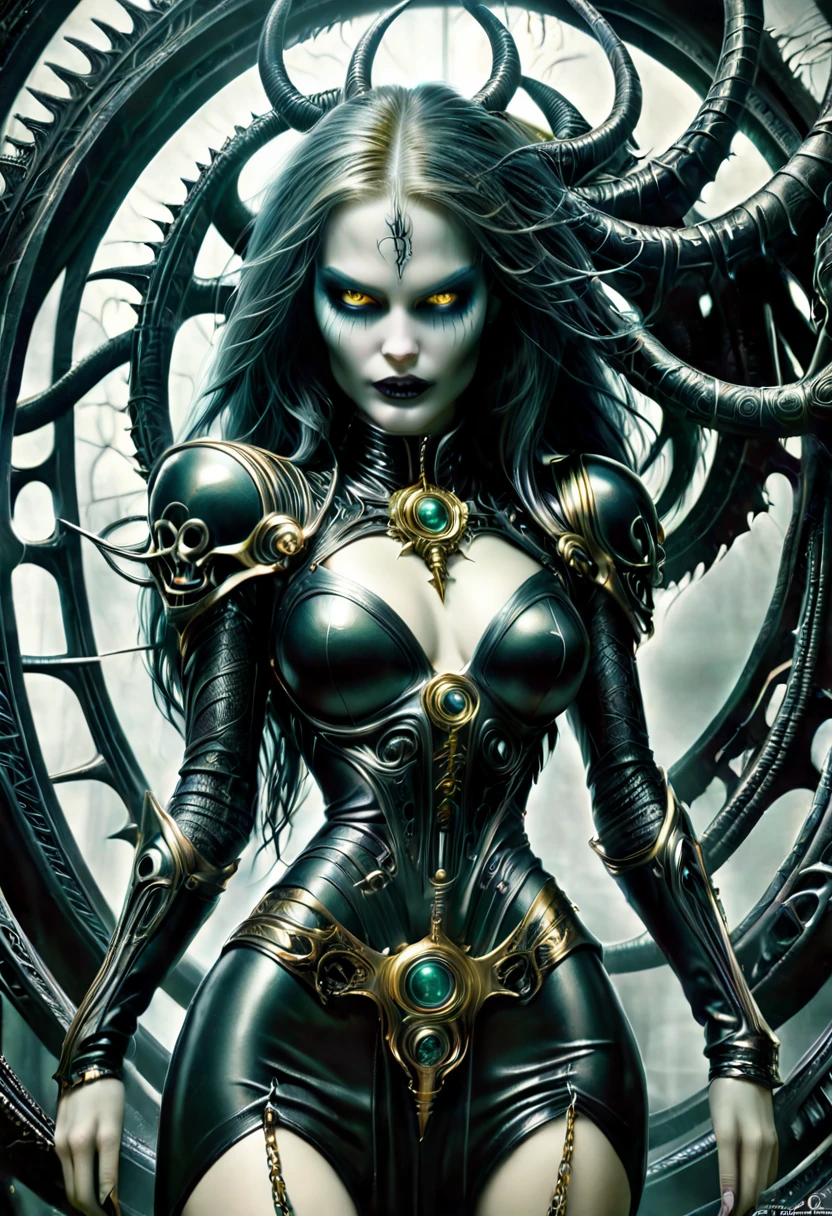You have a mission!! task (((The most beautiful hr giger tattooed sexy seductive dead girl in a perfectly tailored outfit in a given situation))), (give the solution!!), (((one rule is the golden ratio and white balance))), ((always draw hands and fingers correctly, correct them if you make a mistake)), perfect face, hyper detailed  neon ruby eyes, full body view,