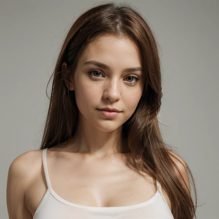 Epic realism, photorealistic, upper half body portrait, straight posture from the front, 30-year-old beautiful young woman, elegant straight posture, perfect face, long brown hair, rebellic windy hairstyle, perfect blue-brown eyes, attractive confident and encouraging gaze, perfect mouth, slight smile, straight upper body with a white top, normal bust size, white-gray background, natural warm light.8k, hdr