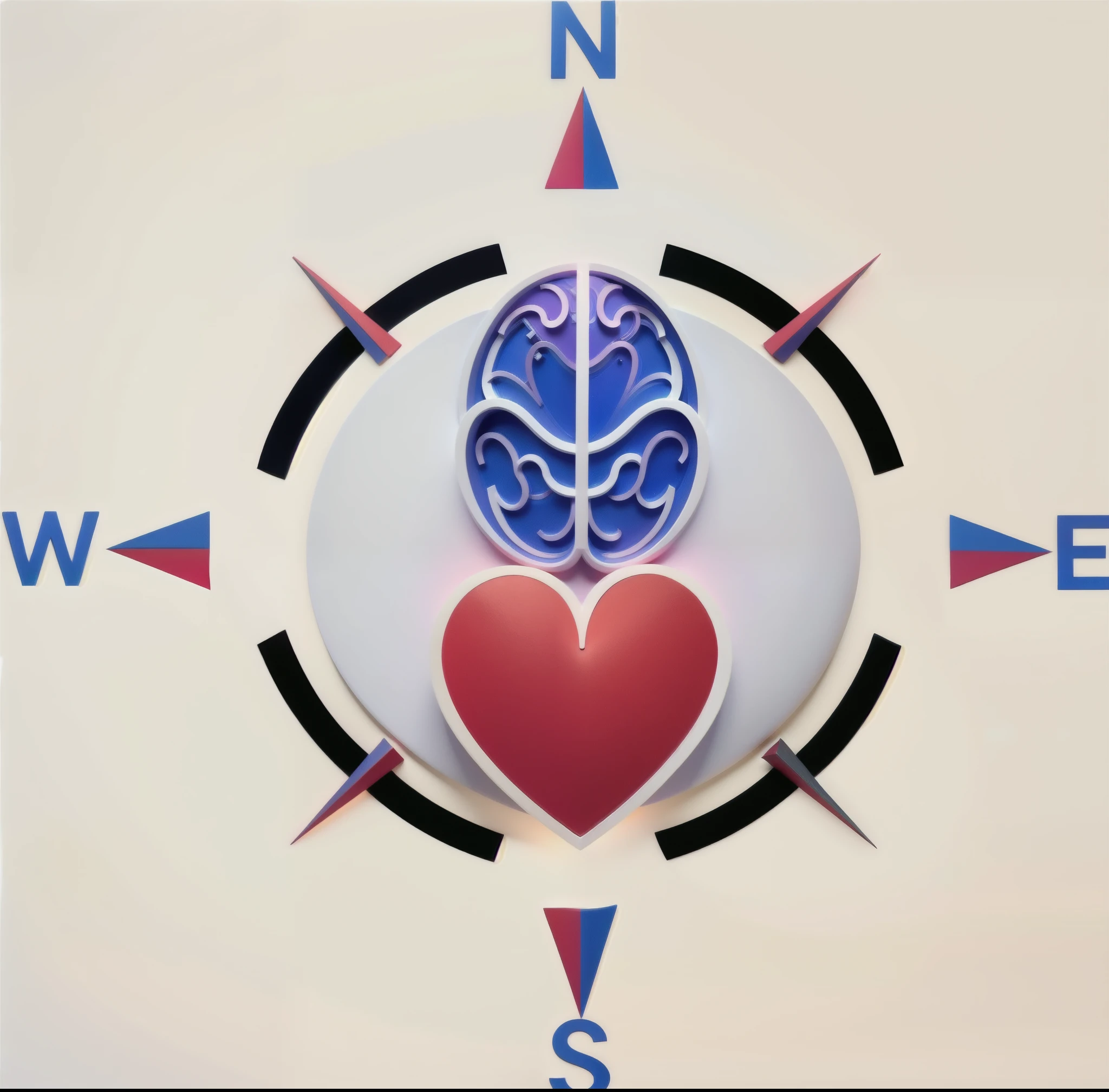 A logo for a company specializing in human resources where the elements are made up of a compass, in the center of this compass there is a drawing of a brain at the top next to the letter N which represents north and below, within the circle, a heart oriented towards the south of the compass the colors used are blue, red and black. a close up of a compass with heart and brain, mechanical heart in center, connected to heart machines, conscience projection, head is Centrado, Centrado in picture, Compass energy flowing, well Centrado, inside the irradiated connection, Neuroscience, complex emotion, video still, easy to understand, mente, Centrado, imagem de perfil, conscience. Logo of a company specializing in human resources where the elements are made up of a compass, in the center of this compass there is a drawing of a blue brain at the top next to the letter N which represents north and below, Inside the circle, a heart oriented towards the south of the compass the colors used are blue, vermelho e preto.