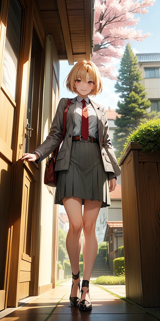 (Full body, view from below, cowboy shot, looking at viewer, masterpiece, best quality, ultra detailed, immaculate:1.2) Mitsuki from MHA, 30 y.o. woman, red eyes, short blonde hair, posing for photo, seductive smile, grey jacket, red necktie, green skirt, Sakura tree, building