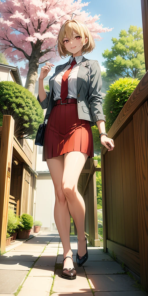 (Full body, view from below, cowboy shot, looking at viewer, masterpiece, best quality, ultra detailed, immaculate:1.2) Mitsuki from MHA, 30 y.o. woman, red eyes, short blonde hair, posing for photo, seductive smile, grey jacket, red necktie, green skirt, Sakura tree, building