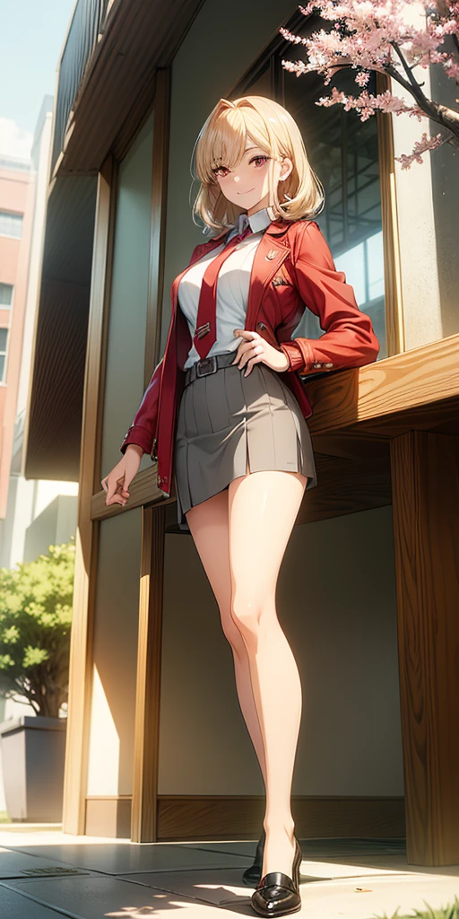 (Full body, view from below, cowboy shot, looking at viewer, masterpiece, best quality, ultra detailed, immaculate:1.2) Mitsuki from MHA, 30 y.o. woman, red eyes, short blonde hair, posing for photo, seductive smile, grey jacket, red necktie, green skirt, Sakura tree, building
