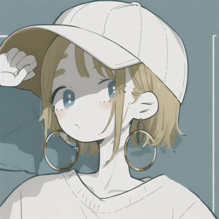 masterpiece, highest quality, One girl, Aqua Eye, Baseball cap, Blonde, Earrings, Blue background, Have, hoop Earrings, jewelry, View your viewers, shirt, short hair, Simple Background, alone, Upper Body,sweater