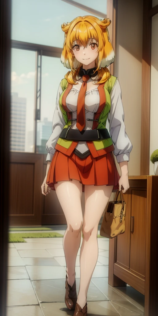 (Full body, view from below, cowboy shot, looking at viewer, masterpiece, best quality, ultra detailed, immaculate:1.2) Roxanne fluffy dog ears, 30 y.o. woman, red eyes, short blonde hair, posing for photo, seductive smile, grey jacket, red necktie, green skirt, Sakura tree, building