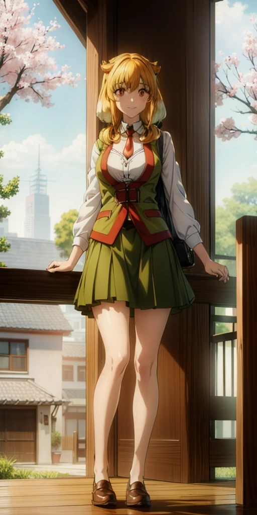 (Full body, view from below, cowboy shot, looking at viewer, masterpiece, best quality, ultra detailed, immaculate:1.2) Roxanne fluffy dog ears, 30 y.o. woman, red eyes, short blonde hair, posing for photo, seductive smile, grey jacket, red necktie, green skirt, Sakura tree, building